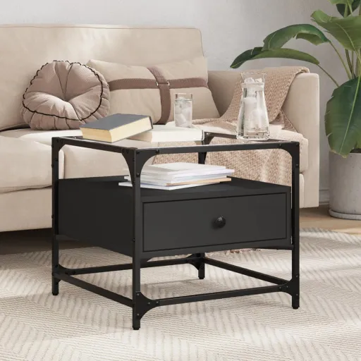 Mesa de Centro com Topo em Vidro Preto 50x50x45 cm Aço