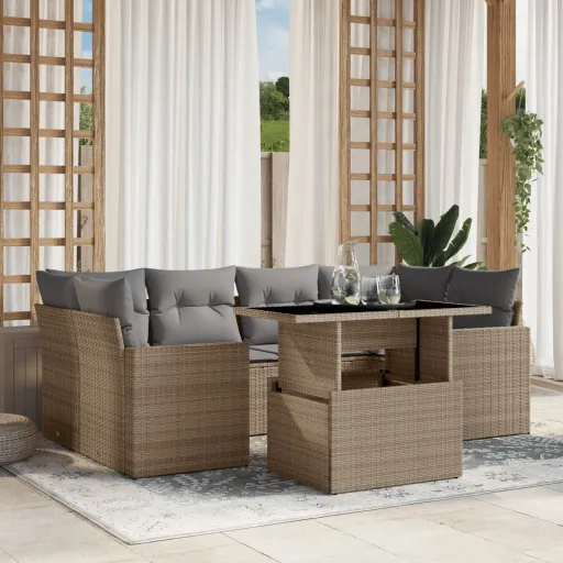 Conjunto de Sofás p/ Jardim com Almofadões Vime PE Bege (7 pcs)