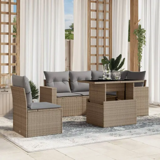 Conjunto de Sofás p/ Jardim com Almofadões Vime PE Bege (6 pcs)