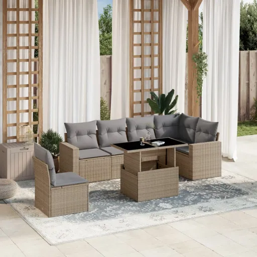 Conjunto de Sofás p/ Jardim com Almofadões Vime PE Bege (7 pcs)