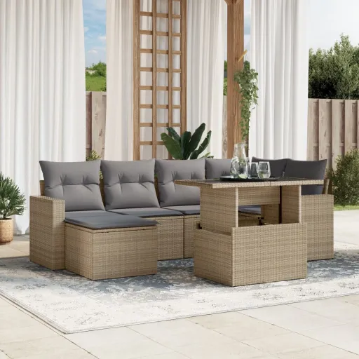 Conjunto de Sofás p/ Jardim com Almofadões Vime PE Bege (7 pcs)