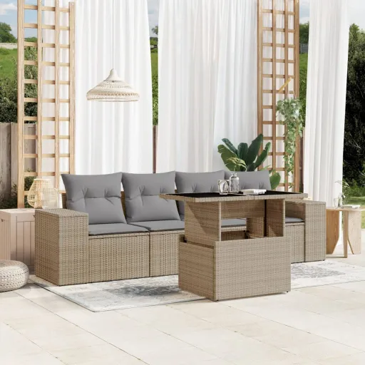 Conjunto de Sofás p/ Jardim com Almofadões Vime PE Bege (5 pcs)