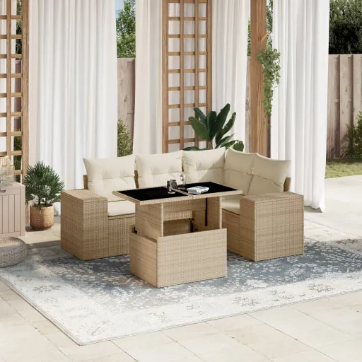 Conjunto de Sofás p/ Jardim com Almofadões Vime PE Bege (5 pcs)