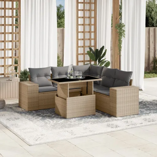 Conjunto de Sofás p/ Jardim com Almofadões Vime PE Bege (6 pcs)
