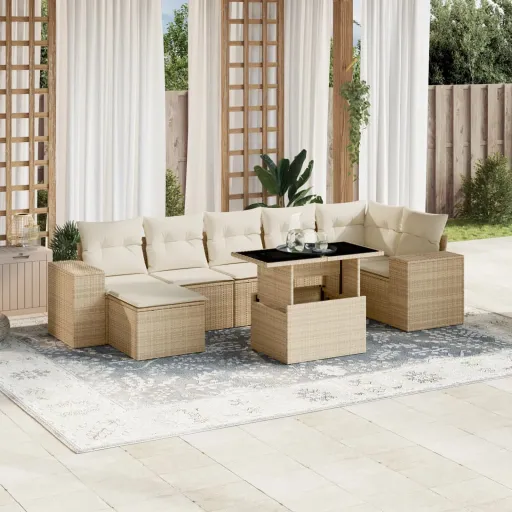 Conjunto de Sofás p/ Jardim com Almofadões Vime PE Bege (8 pcs)