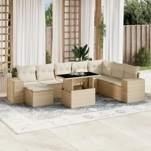 Conjunto de Sofás p/ Jardim com Almofadões Vime PE Bege (9 pcs)