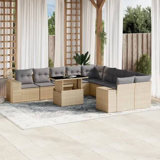 Conjunto Sofás de Jardim c/ Almofadões Vime PE Bege (11 pcs)