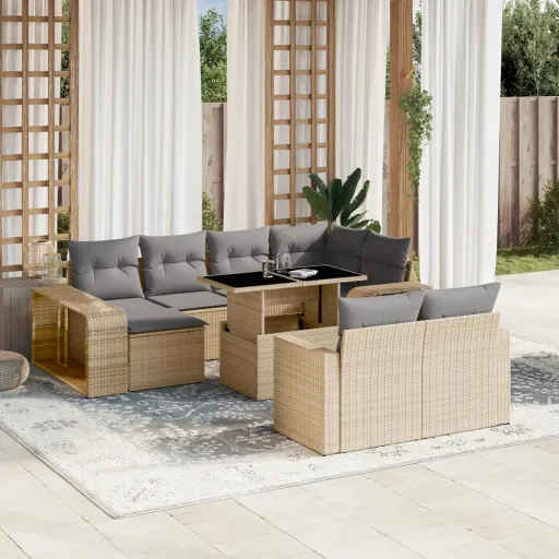 Conjunto Sofás de Jardim c/ Almofadões Vime PE Bege (11 pcs)