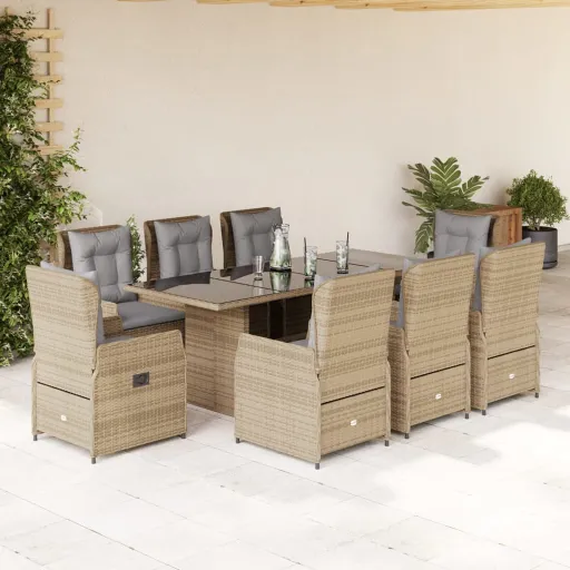 Conjunto de Jantar p/ Jardim com Almofadões Vime PE Bege (9 pcs)