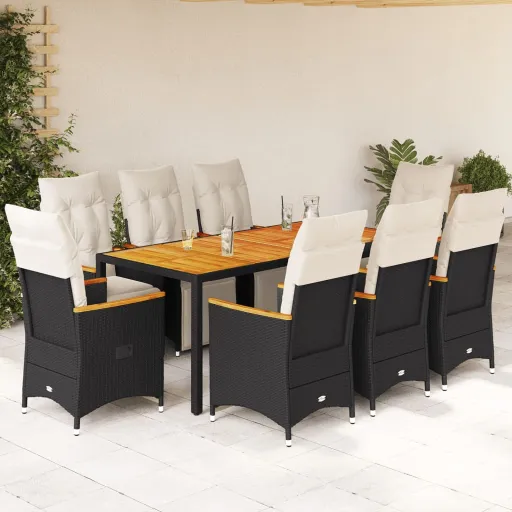 Conjunto de Bistrô p/ Jardim c/ Almofadões Vime PE Preto (9 pcs)