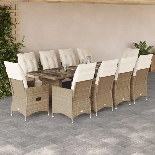 Conjunto de Bistrô p/ Jardim c/ Almofadões Vime PE Bege (11 pcs)