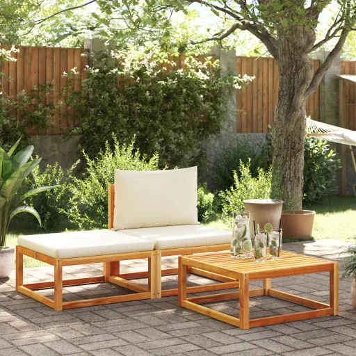 Conjunto de Sofás de Jardim  de 3 Peças com Almofadas de Madeira de Acácia e Vime