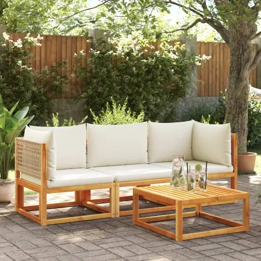 Conjunto de Sofás de Jardim  de 3 Peças com Almofadas de Madeira de Acácia e Vime