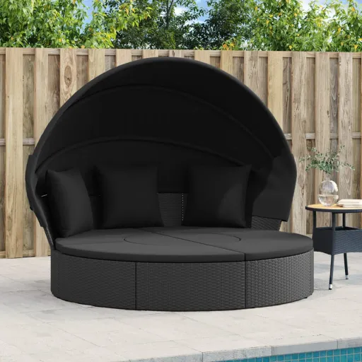 Cama Lounge de Exterior c/ Toldo e Almofadões Vime PE Preto