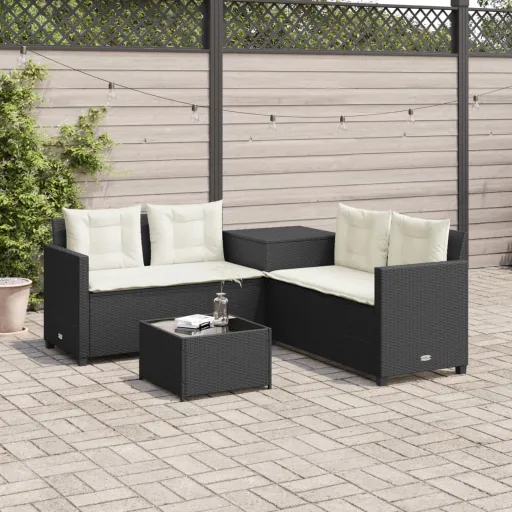 Sofá de Jardim em Forma de L c/ Mesa e Almofadões Vime PE Preto