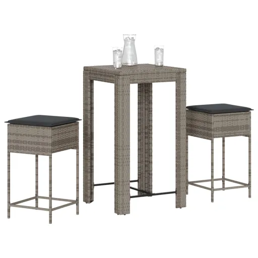 Conjunto de Bar p/ Jardim c/ Almofadões Vime PE Cinzento (3 pcs)