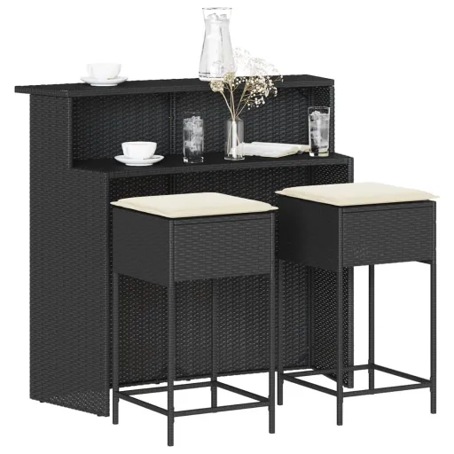 Conjunto de Bar para Jardim c/ Almofadões Vime PE Preto (3 pcs)
