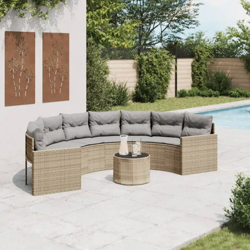 Sofá de Jardim com Mesa e Almofadões Semicircular Vime PE Bege