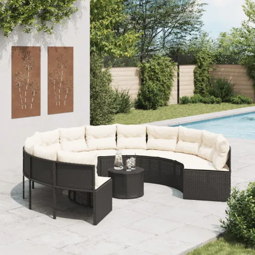 Sofá de Jardim com Mesa e Almofadões Redondo Vime PE Preto