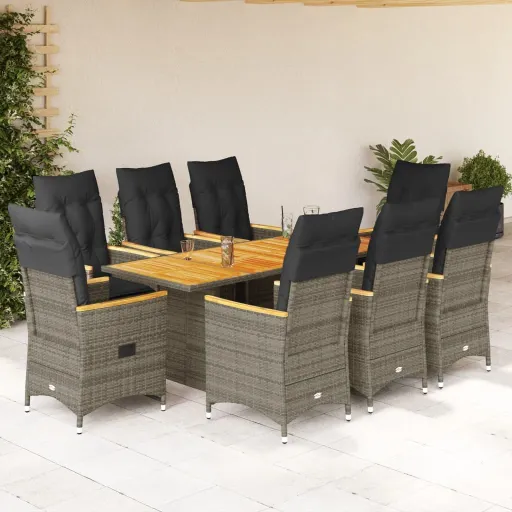 Conjunto de Jantar p/ Jardim c/ Almofadões Vime PE Cinza (9 pcs)