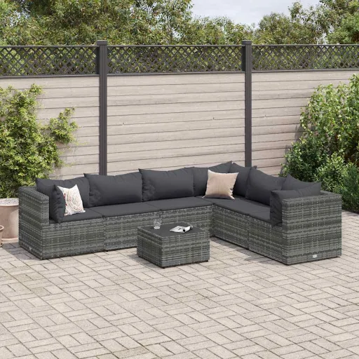 Conjunto Lounge de Jardim c/ Almofadões Vime PE Cinzento (7 pcs)