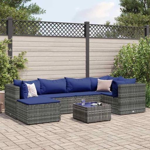 Conjunto Lounge de Jardim c/ Almofadões Vime PE Cinzento (7 pcs)