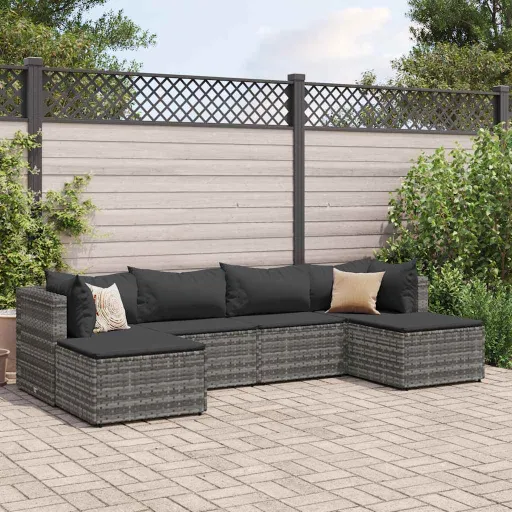 Conjunto Lounge de Jardim c/ Almofadões Vime PE Cinzento (6 pcs)