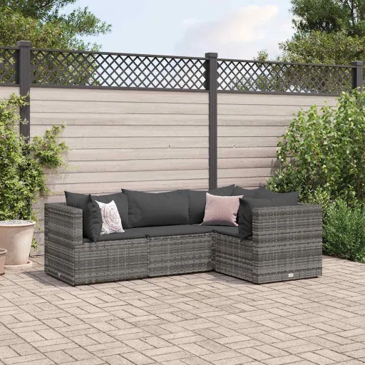 Conjunto Lounge de Jardim c/ Almofadões Vime PE Cinzento (4 pcs)