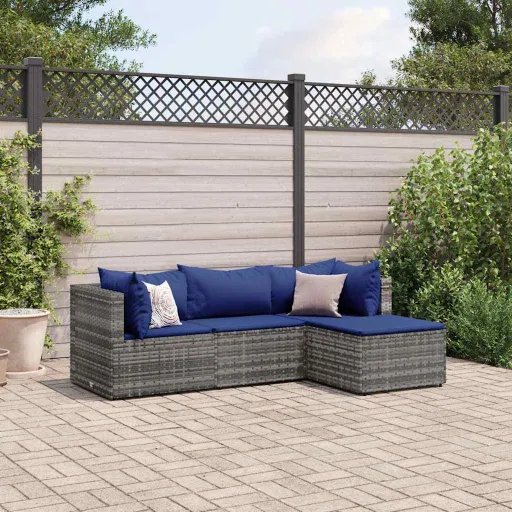 Conjunto Lounge de Jardim c/ Almofadões Vime PE Cinzento (4 pcs)