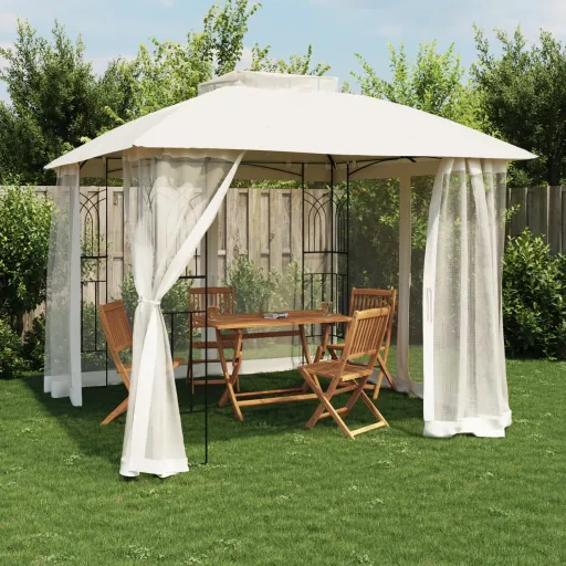 Gazebo c/ Teto Duplo/Paredes de Malha 2,94x2,94 m Aço Creme