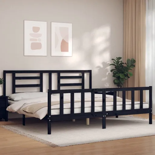 Estrutura de Cama com Cabeceira 200x200 cm Madeira Maciça Preto