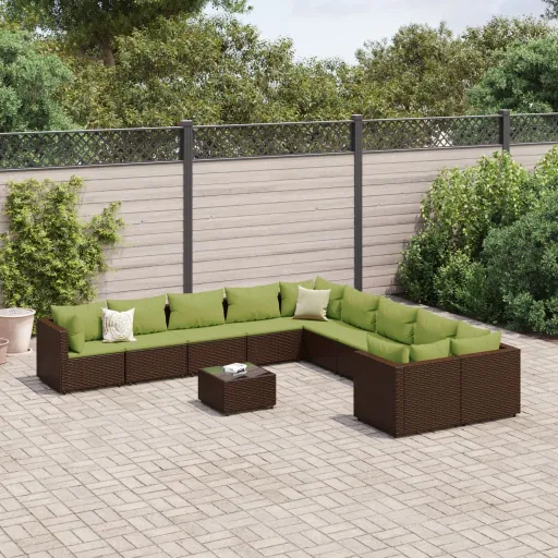 Conjunto Sofás de Jardim c/ Almofadões Vime PE Castanho (11 pcs)