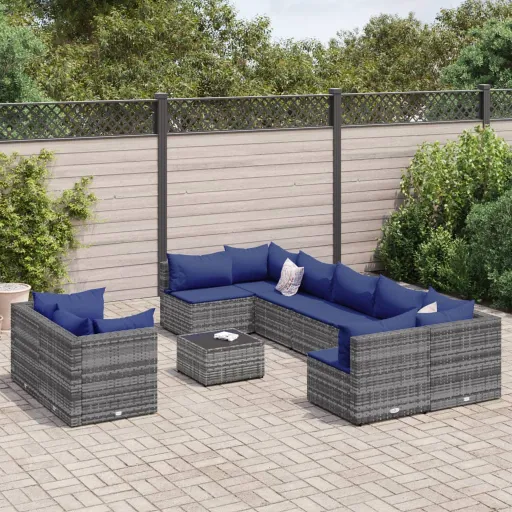 Conjunto Sofás de Jardim c/ Almofadões Vime PE Cinzento (10 pcs)
