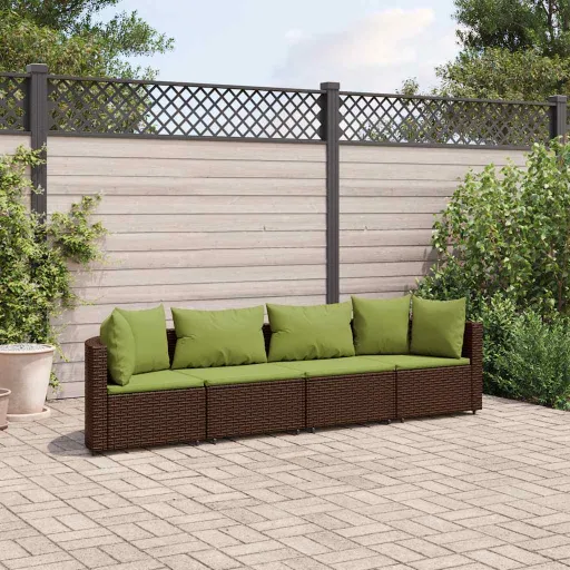 Conjunto Sofás de Jardim c/ Almofadões Vime PE Castanho (4 pcs)
