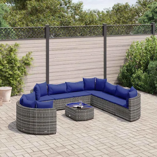 Conjunto Sofás de Jardim c/ Almofadões Vime PE Cinzento (10 pcs)