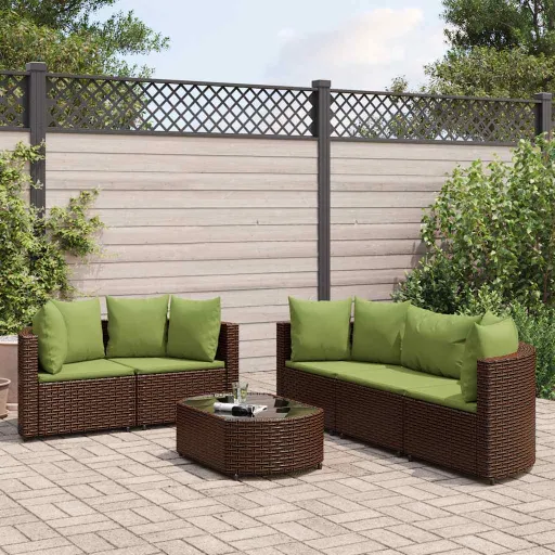 Conjunto de Sofás Jardim c/ Almofadões Vime PE Castanho (6 pcs)