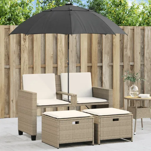 Sofá de Jardim 2 Lugares com Guarda-Sol Bancos Vime PE Bege