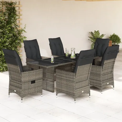 Conjunto de Jantar p/ Jardim c/ Almofadões Vime PE Cinza (7 pcs)