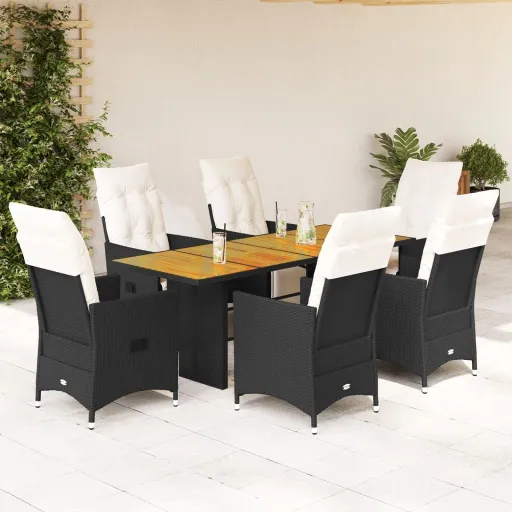 Conjunto de Jantar p/ Jardim c/ Almofadões Vime PE Preto (7 pcs)