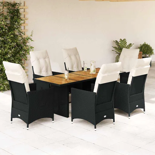 Conjunto de Jantar p/ Jardim c/ Almofadões Vime PE Preto (7 pcs)
