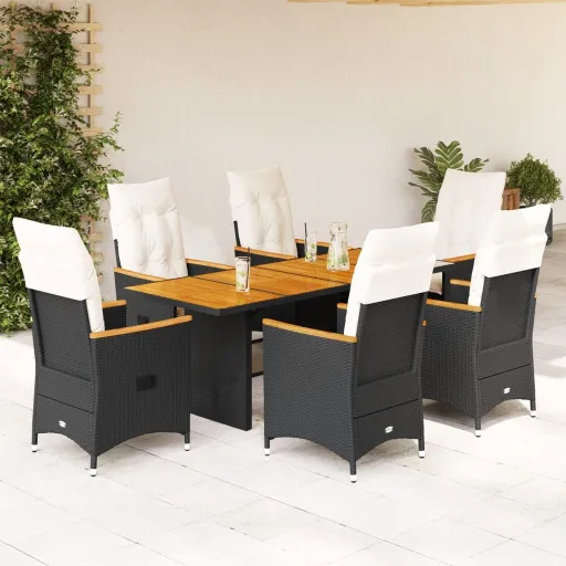 Conjunto de Jantar p/ Jardim c/ Almofadões Vime PE Preto (7 pcs)