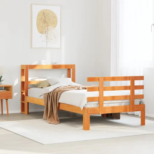 Estrutura Cama c/ Cabeceira 75x190 cm Pinho Maciço Castanho-Mel