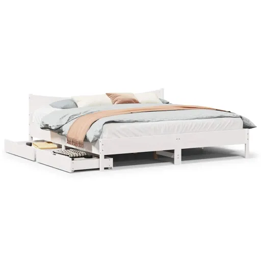 Estrutura de Cama c/ Gavetas 200x200 cm Pinho Maciço Branco