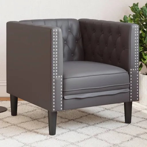 Sofá Chesterfield Couro Artificial Cinzento