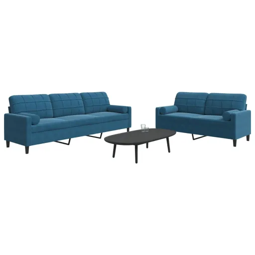 Conjunto de Sofás com Almofadões e Rolos Veludo Azul (2 pcs)