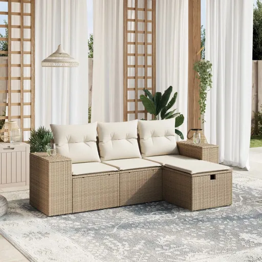 Conjunto de Sofás para Jardim c/ Almofadões Vime PE Bege (4 pcs)