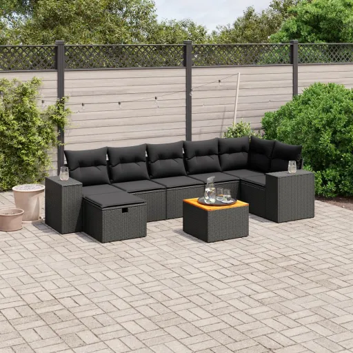 Conjunto Sofás de Jardim com Almofadões Vime PE Preto (8 pcs)