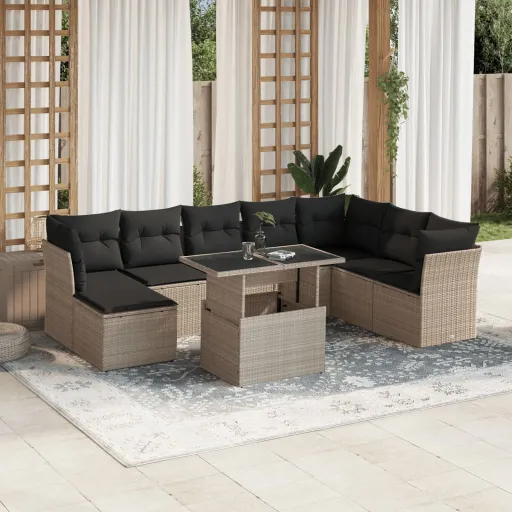 Conj. Sofás Jardim com Almofadões Vime PE Cinzento-Claro (9 pcs)