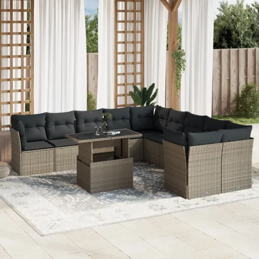 Conjunto Sofás de Jardim c/ Almofadões Vime PE Cinzento (11 pcs)