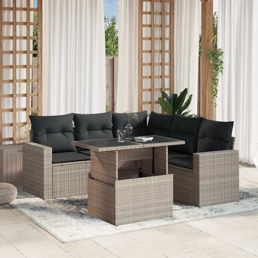 Conj. Sofás Jardim com Almofadões Vime PE Cinzento-Claro (6 pcs)